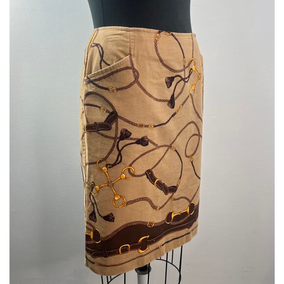 VINTAGE Talbots  Brown A-Line Skirt Cotton Equestrian Horse Bit Side Slit Size 6 - Picture 2 of 8